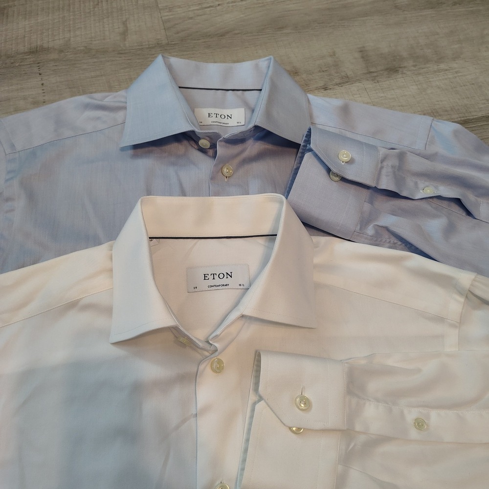 Lot of 2 Eton Contemporary Fit Dress Shirts Mens 15.5 39 Light Blue White Cotton